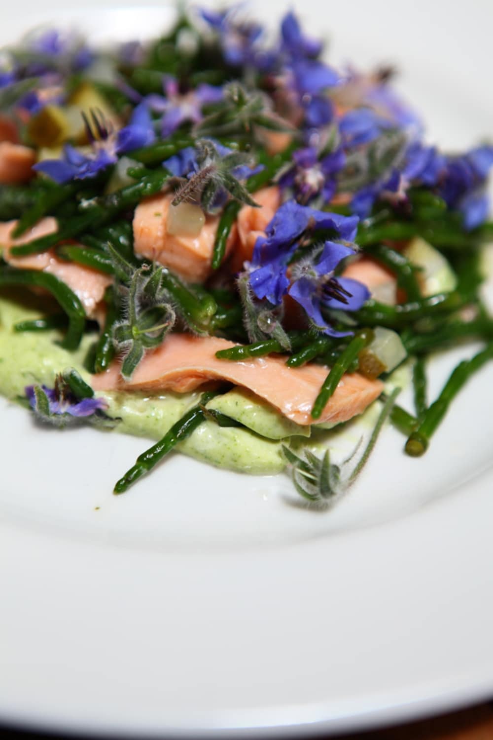 Smoked trout, borage flowers and samphire