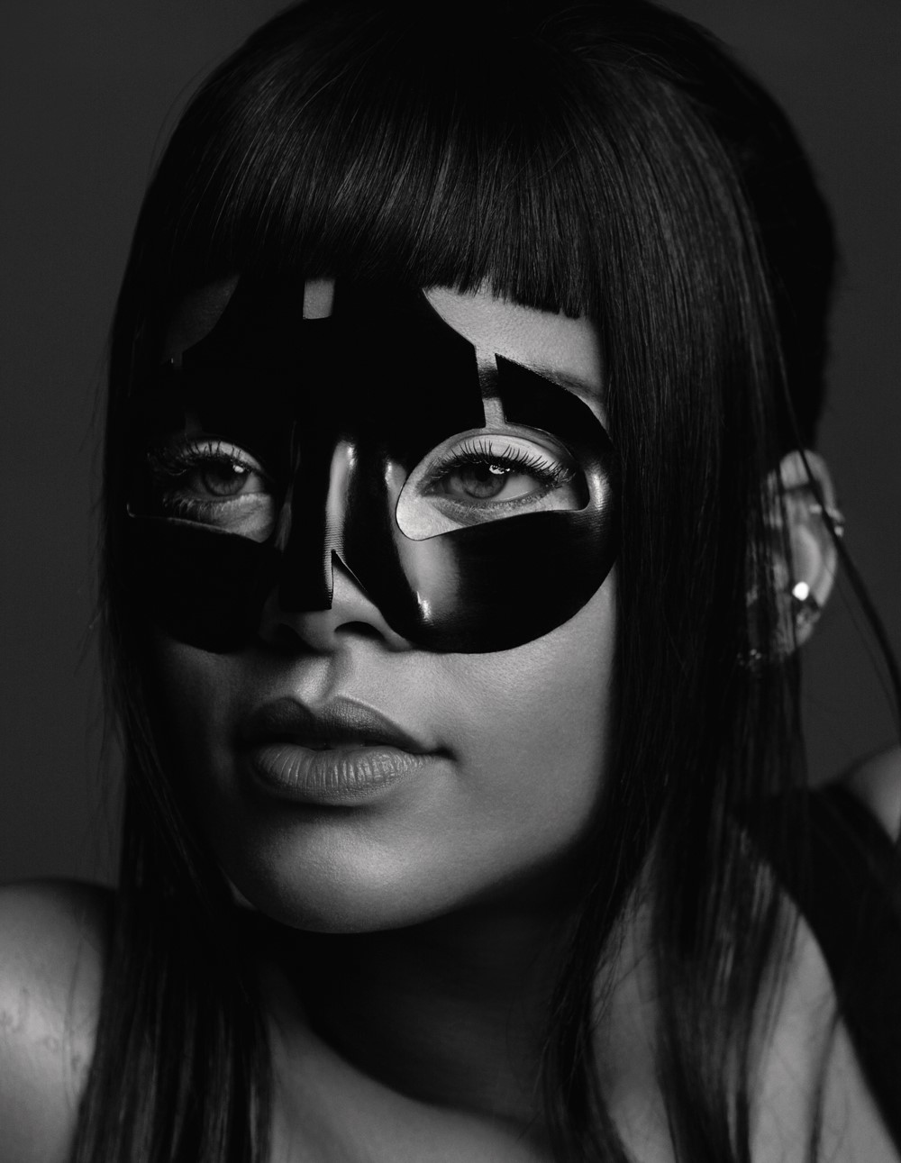 Rihanna wears a lacquer mask by Alexander McQueen