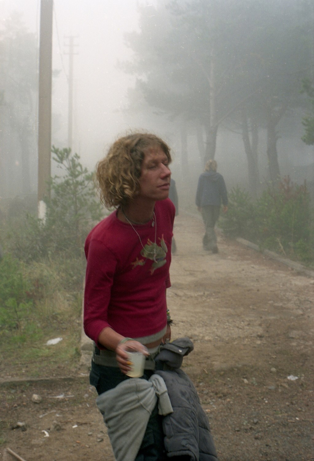 Sacha dancing in the mist, Teknival near Barcelona