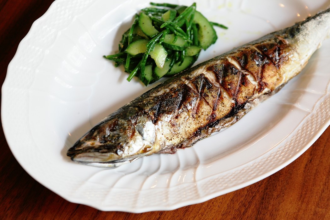 Mackerel with cucumber and samphire salad