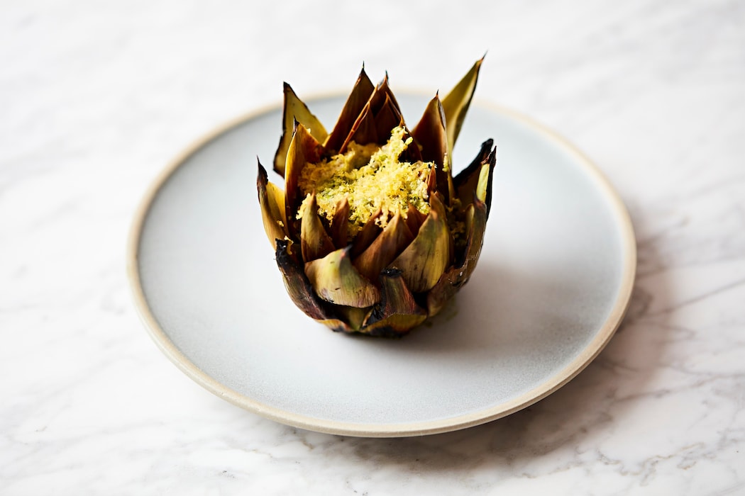 Spiky artichoke, cured egg yolk