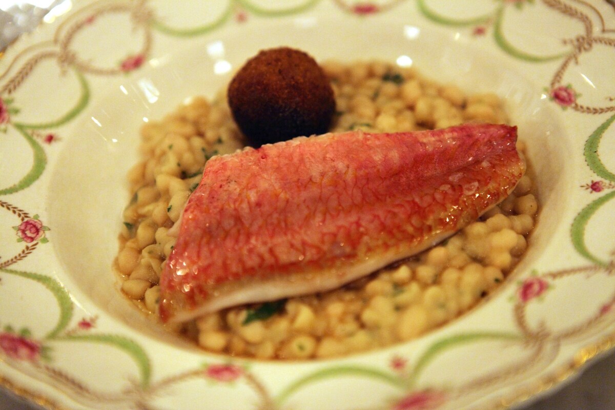 Red mullet with white beans and an oxtail dumpling