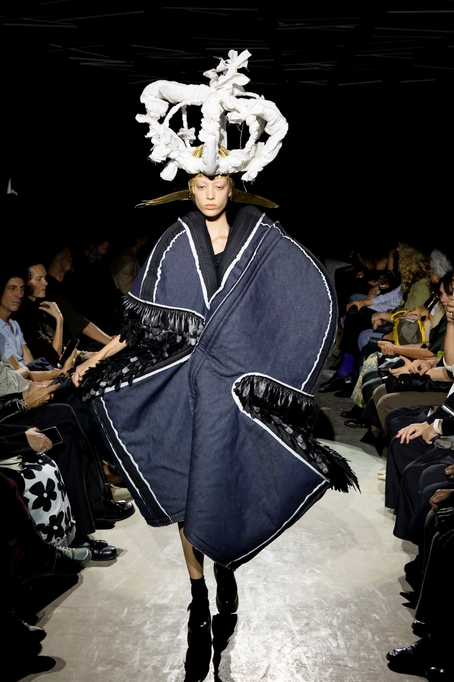 Comme des Garçons SS27 white padded top and voluminous red skirt with a crown-like headpiece