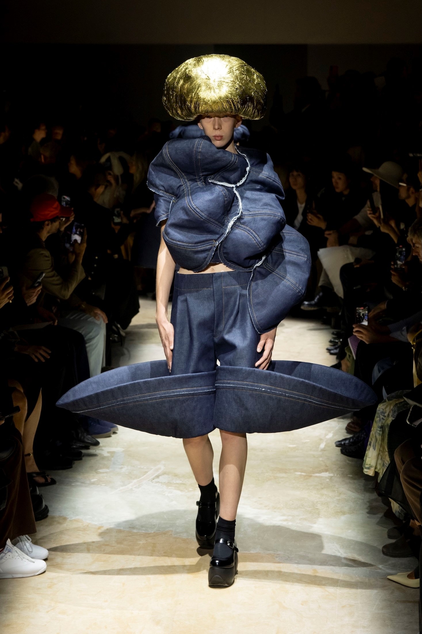 Comme des Garçons SS27 sculptural indigo denim trousers and circular top with gold fringe