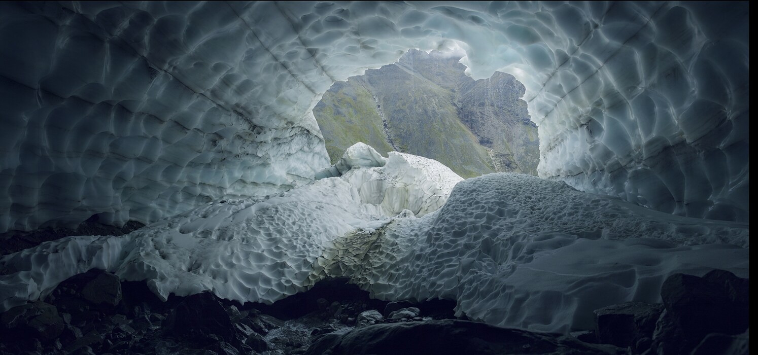 Looking out of the Pallin Glacier tunnel, in the Scandinavia