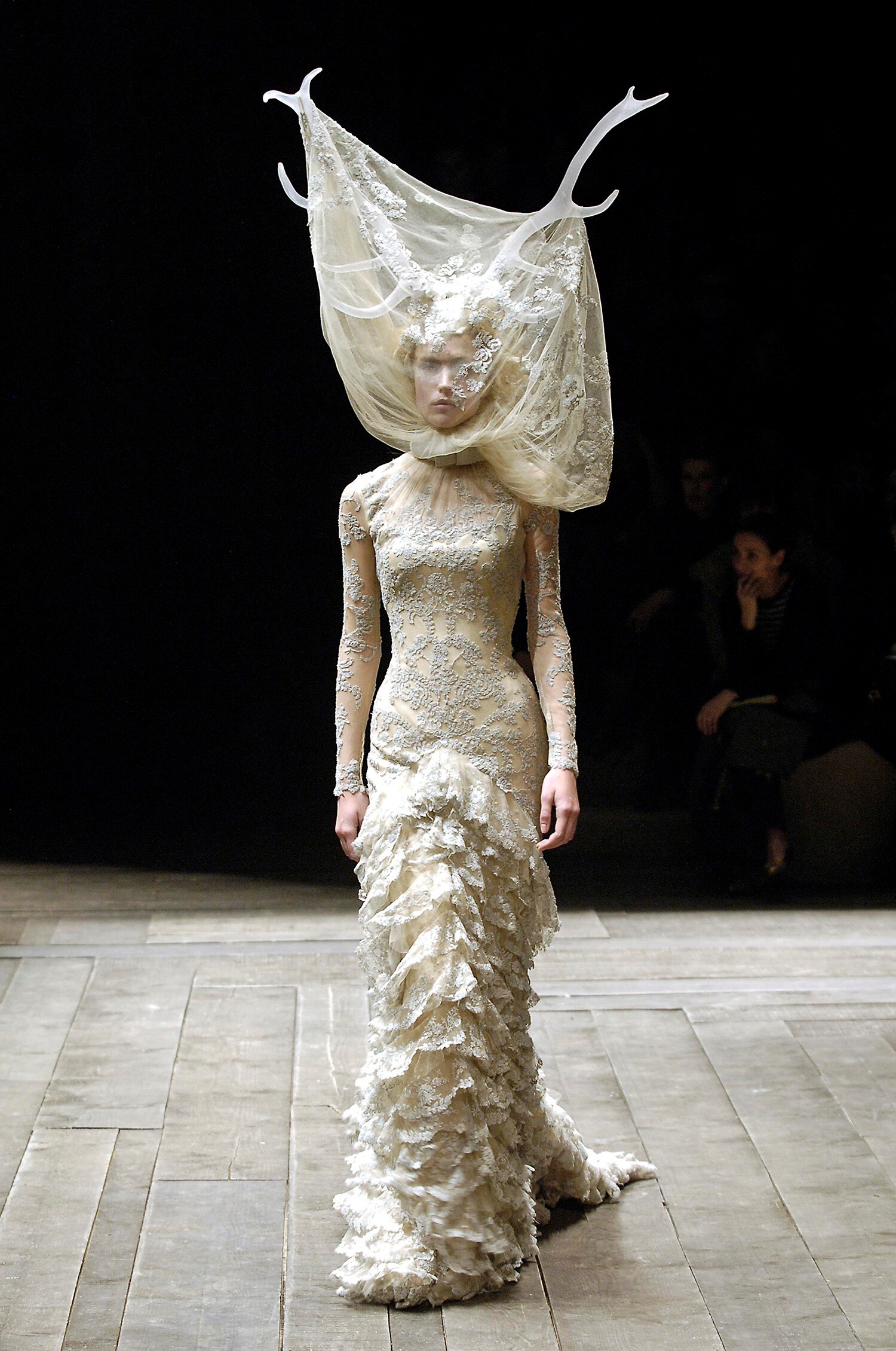 Tulle &amp; lace dress with veil and antlers, Alexander McQueen