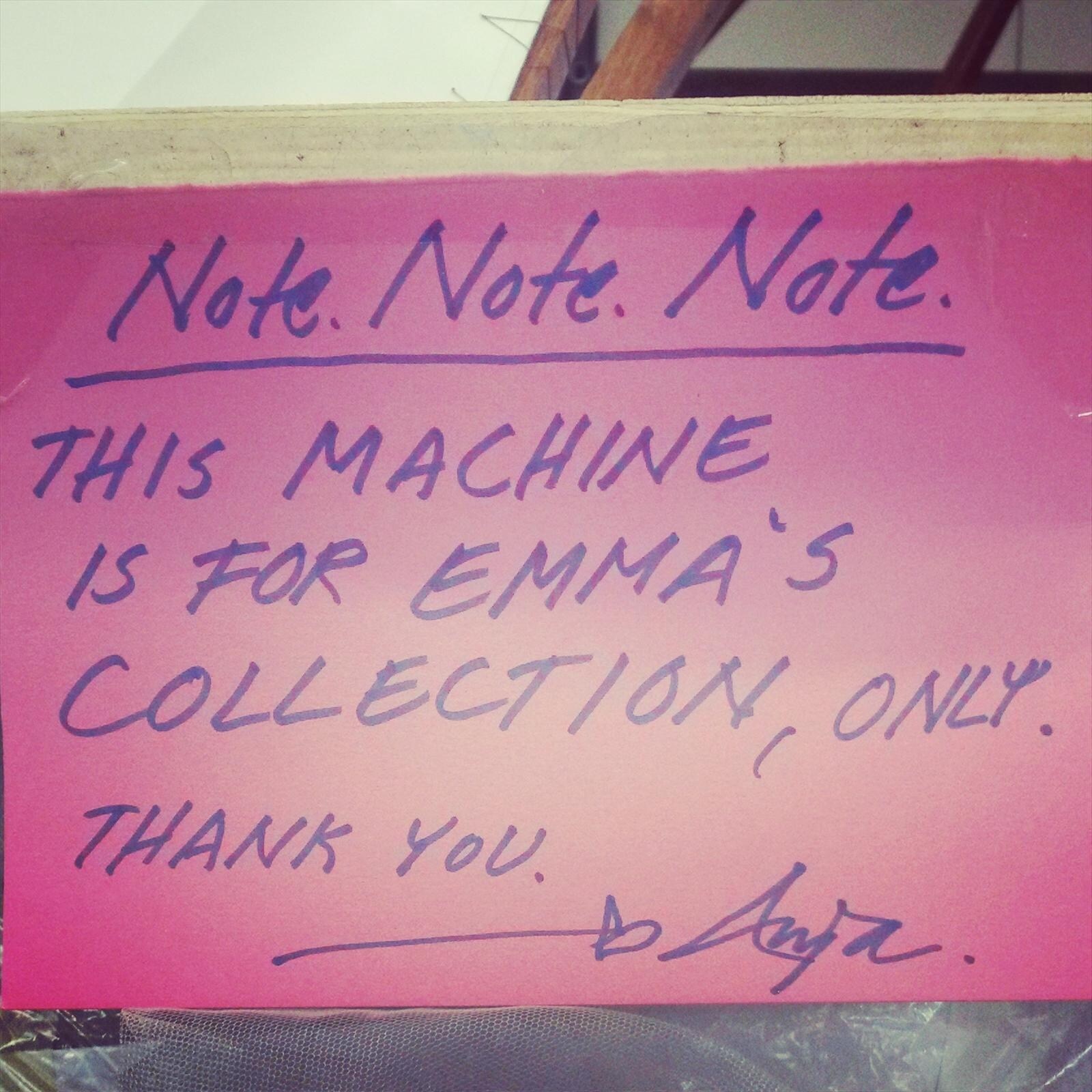 A note protecting Emma Hardstaff&#39;s machine