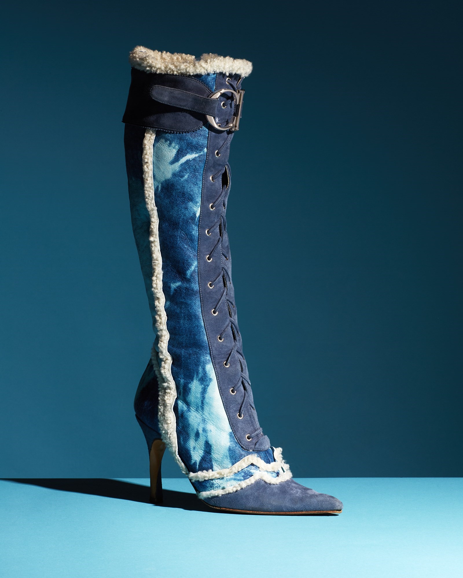 “Denim” finish shearling boots, John Galliano