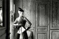 Black lace dress and coat with pink belt, 1951