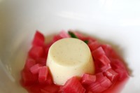 Rhubarb poached in English sparkling wine, vanilla blancmang