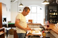 Mark Hix cooking in his test kitchen