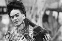 Frida Kahlo holding her pet monkey, Mexico City, 1944