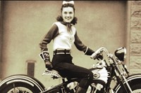 Dot Robinson riding a Harley EL Knucklehead