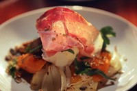 Baked autumn vegetables, speck, and poached hen&#39;s egg at Mer