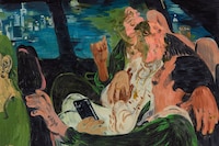 5. Salman Toor, Three Friends in a Cab (2021), Oil