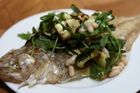 Megrim sole, courgettes and white beans