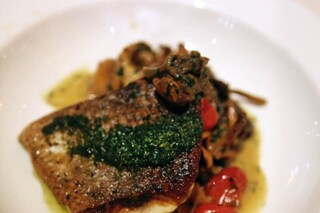 Wild sea bass with girolles, chantrerells and salmoriglio