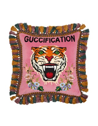 Guccification tiger-embroidered velvet cushion