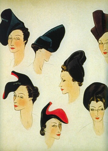 Illustration for hats by Elsa Schiaparelli
