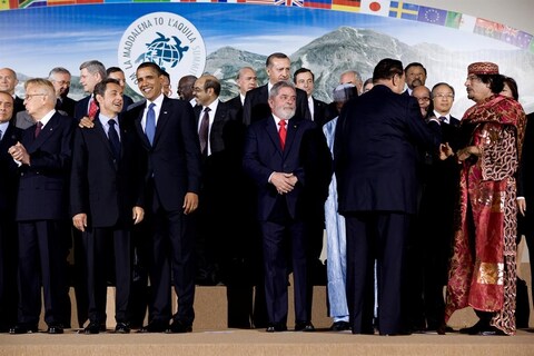 Muammar al-Gaddafi at the G-8 summit in L&#39;Aquila, Italy, Jul
