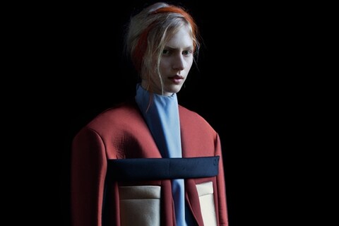 Julia wears three-tone foam backed silk jacket, silk crepe t