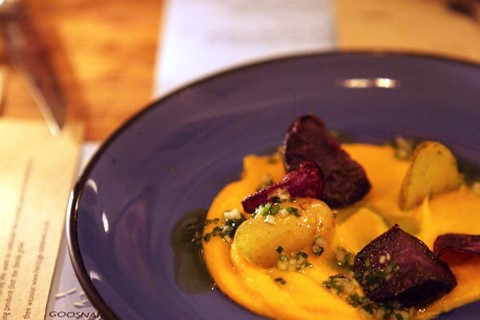 Heritage potatoes with chives and crisps