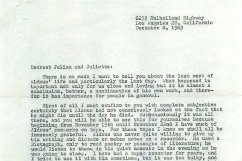Laura Huxley&#39;s Letter on the death of her husband Aldous Hux