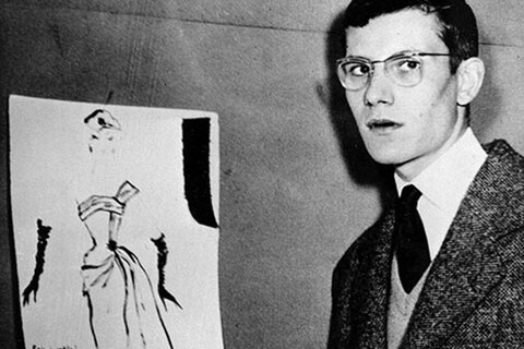 Yves Saint Laurent with his Wool Secretariat design, 1954