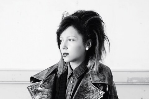 Shauna wears leather biker jacket by Junya Watanabe; Knitted