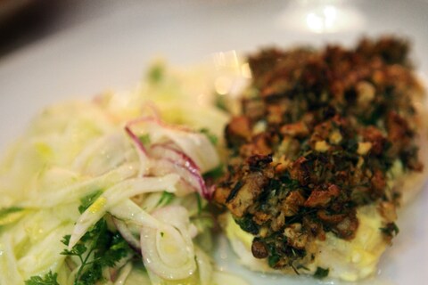 Buttermilk baked hake with walnuts