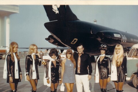 Barbie Benton and Hefner, with Jet Bunnies in Los Angeles, 1