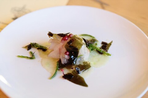 Sea bass with seaweed, cucumber and samphire at Burnt Enz