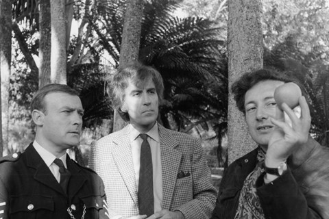 Edward Woodward, Christopher Lee and Robin Hardy on the set 