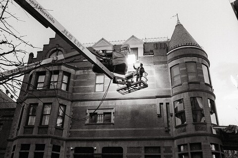 Prepping for a crane shot of the Tenenbaum house, 2000