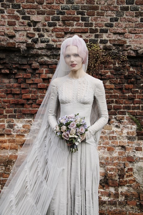 Katie Shillingford on her wedding day wearing Gareth Pugh; v