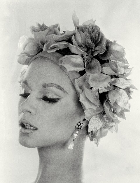 Close-fitting toque with shocking-pink rose petals, 1964