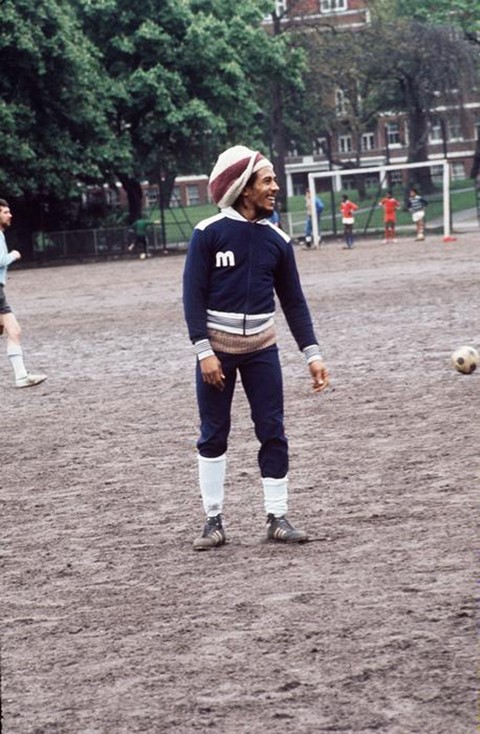 Bob Marley playing football in Battersea Park, 1977