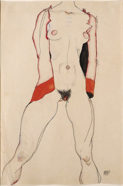 Egon Schiele, Standing Nude in Red Jacket, 1913