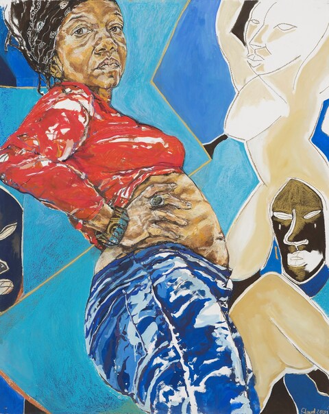 Standing Figure with African Masks - Claudette Joh