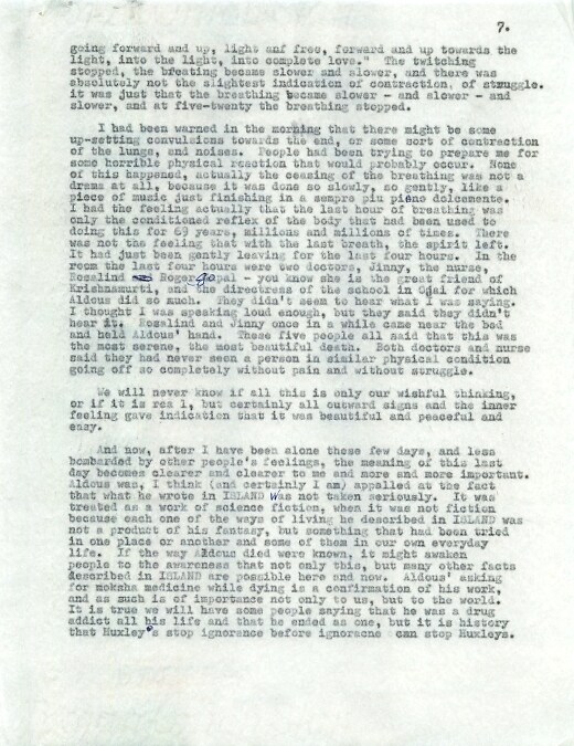 Laura Huxley&#39;s Letter on the death of her husband Aldous Hux