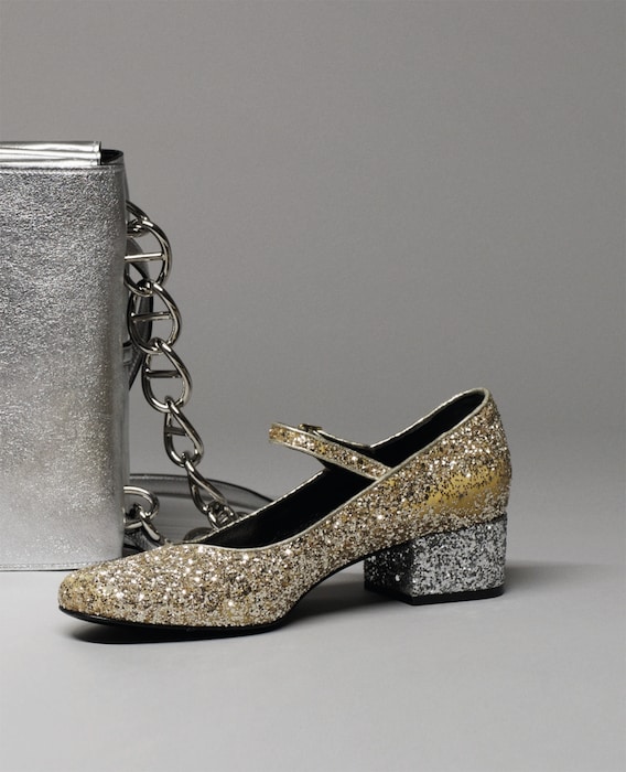 Mary Jane in gold and silver glitter by Saint Laurent, featu