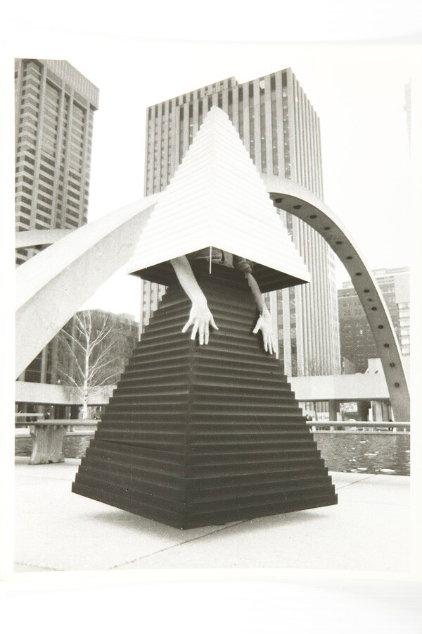 Felix Partz models V.B. Gown #3 at City Hall, Toronto, 1975-