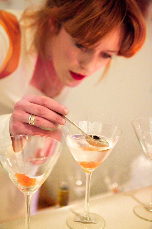 Cassie Beadle preparing a fish roe cocktail