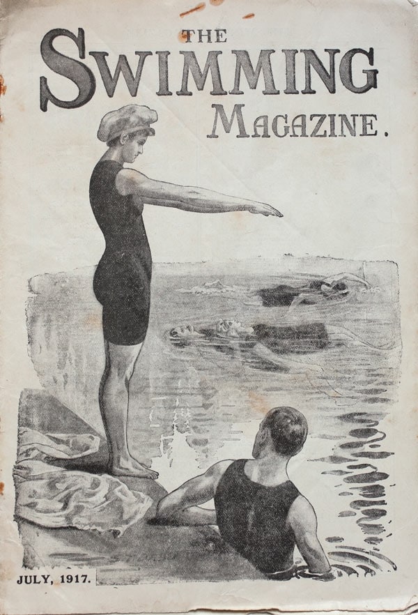 The cover of Swimming Magazine, July 1917, showing streamlin
