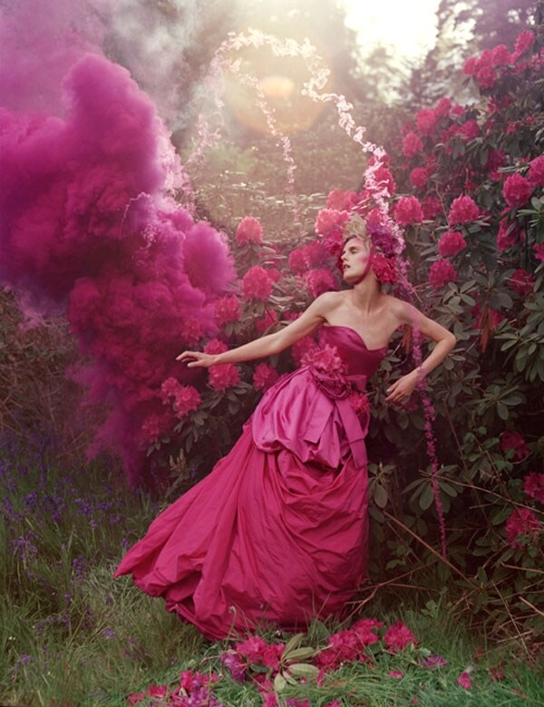 Stella Tennant and pink powder cloud, Eglingham Hall, Northu
