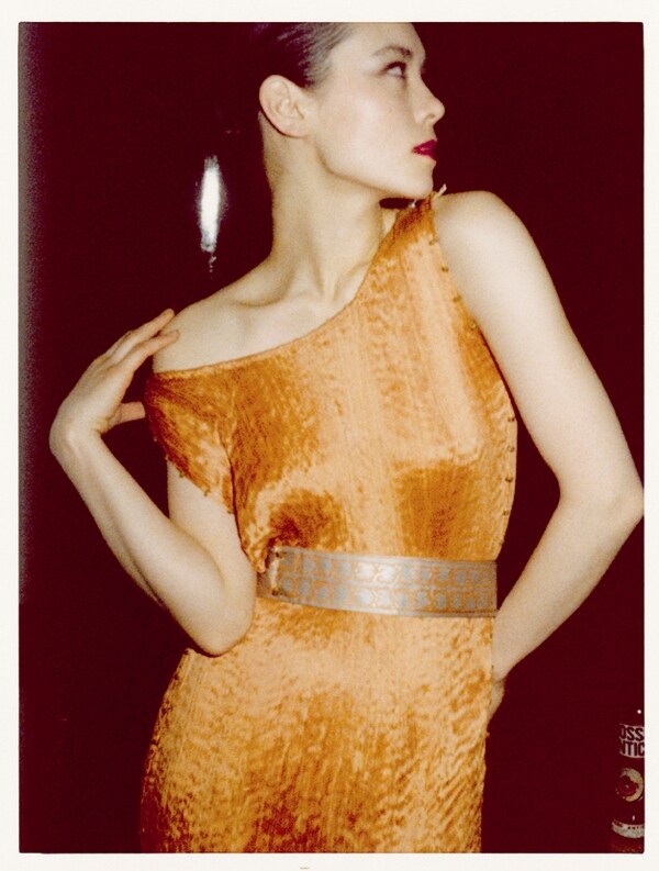 Tina Chow in her Fortuny collection, London, 1977