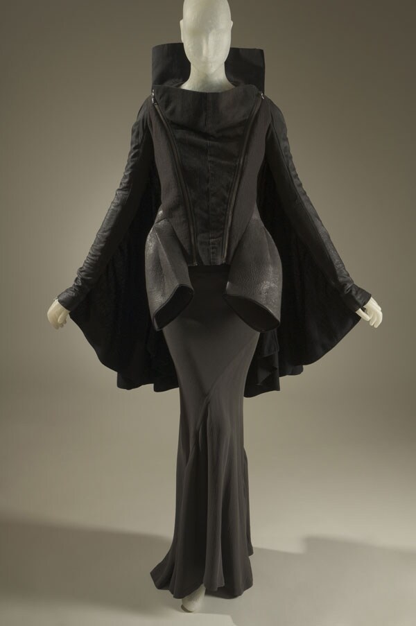 Rick Owens, batwing jacket and skirt, black denim, wool felt