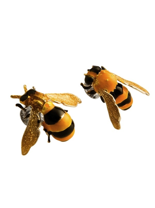 Enamelled bee earrings by Delfina Dellatrez