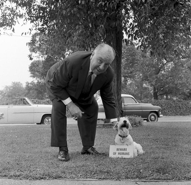 Hitchcock and one of his dogs, August 1956