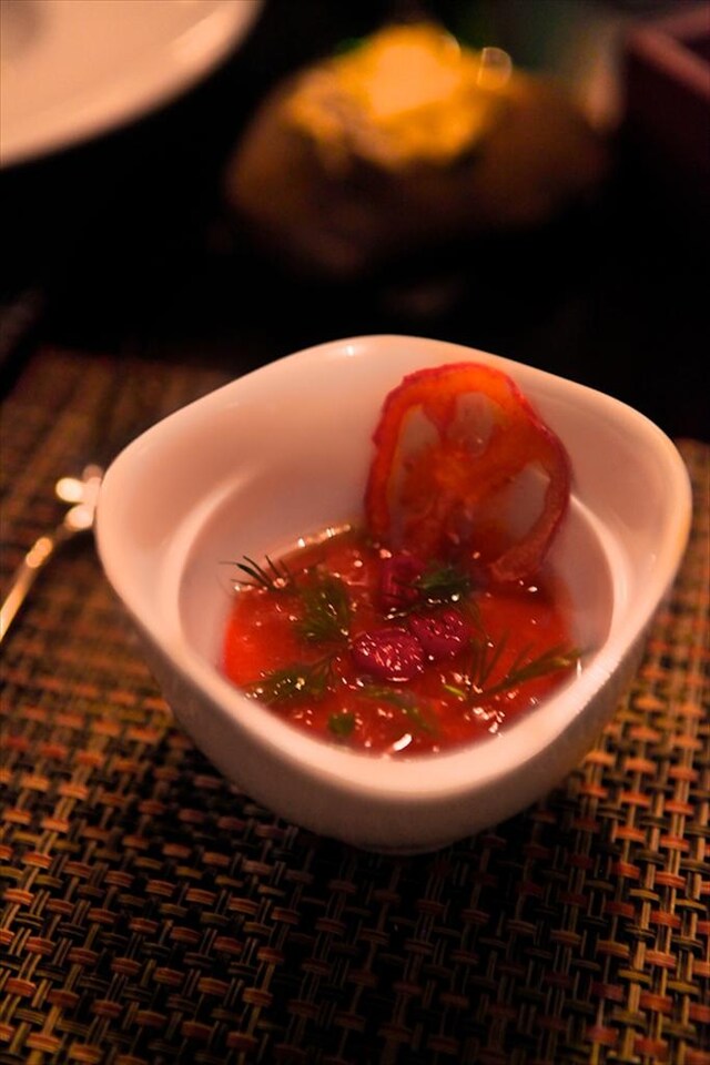 Heirloom tomato, poached lamb tongue and dill custard